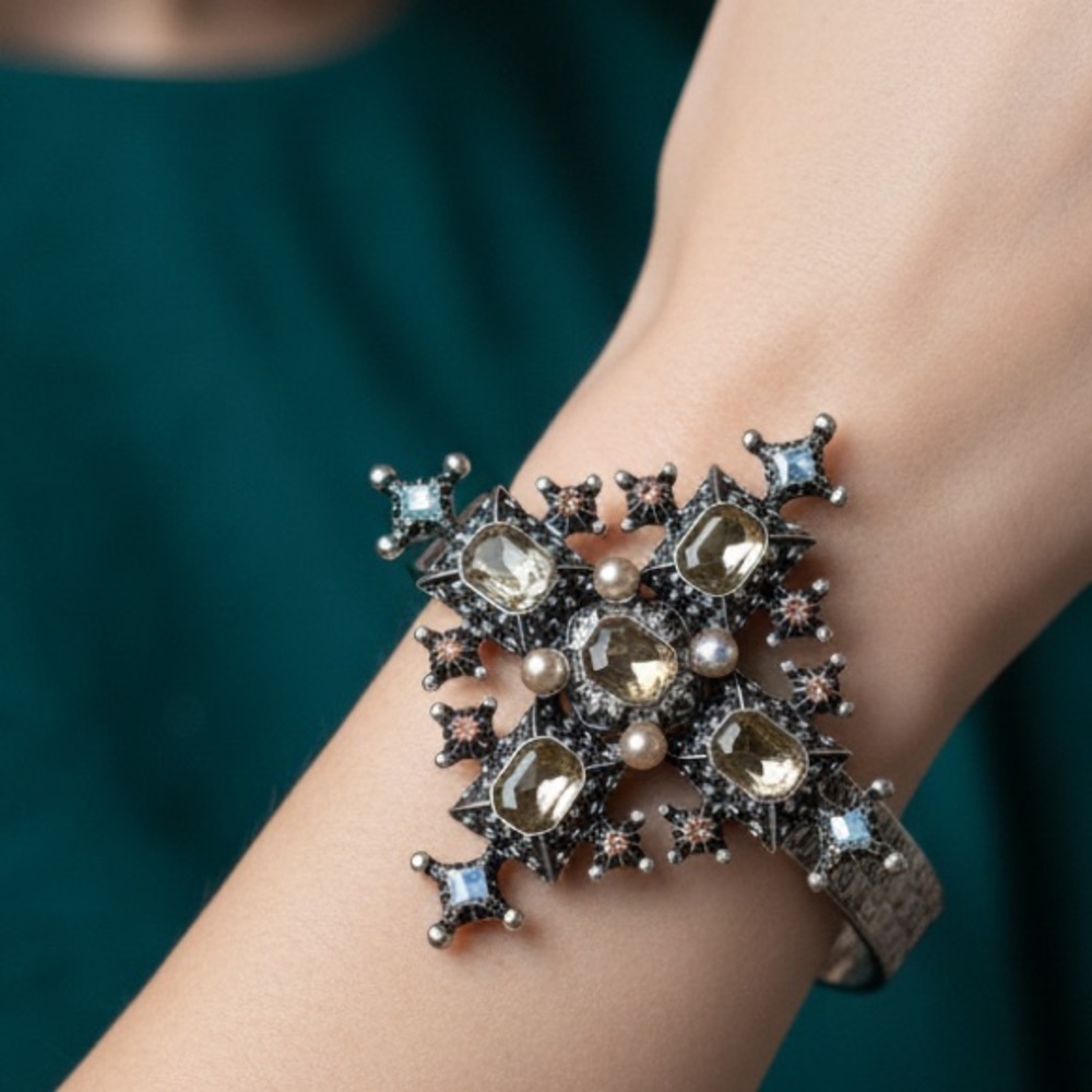 Medieval Crystal Cross Bracelet | Diamond Shaped Gold Tone Wearable Art | Gothic